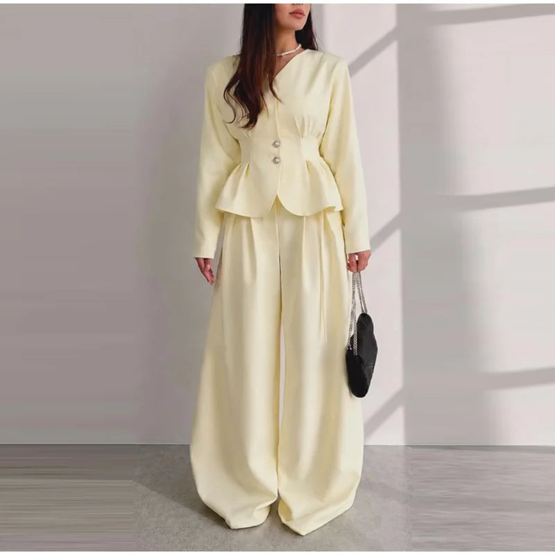 V-Neck Ruffle Coat and Wide Leg Pants Two-Piece Set for Women