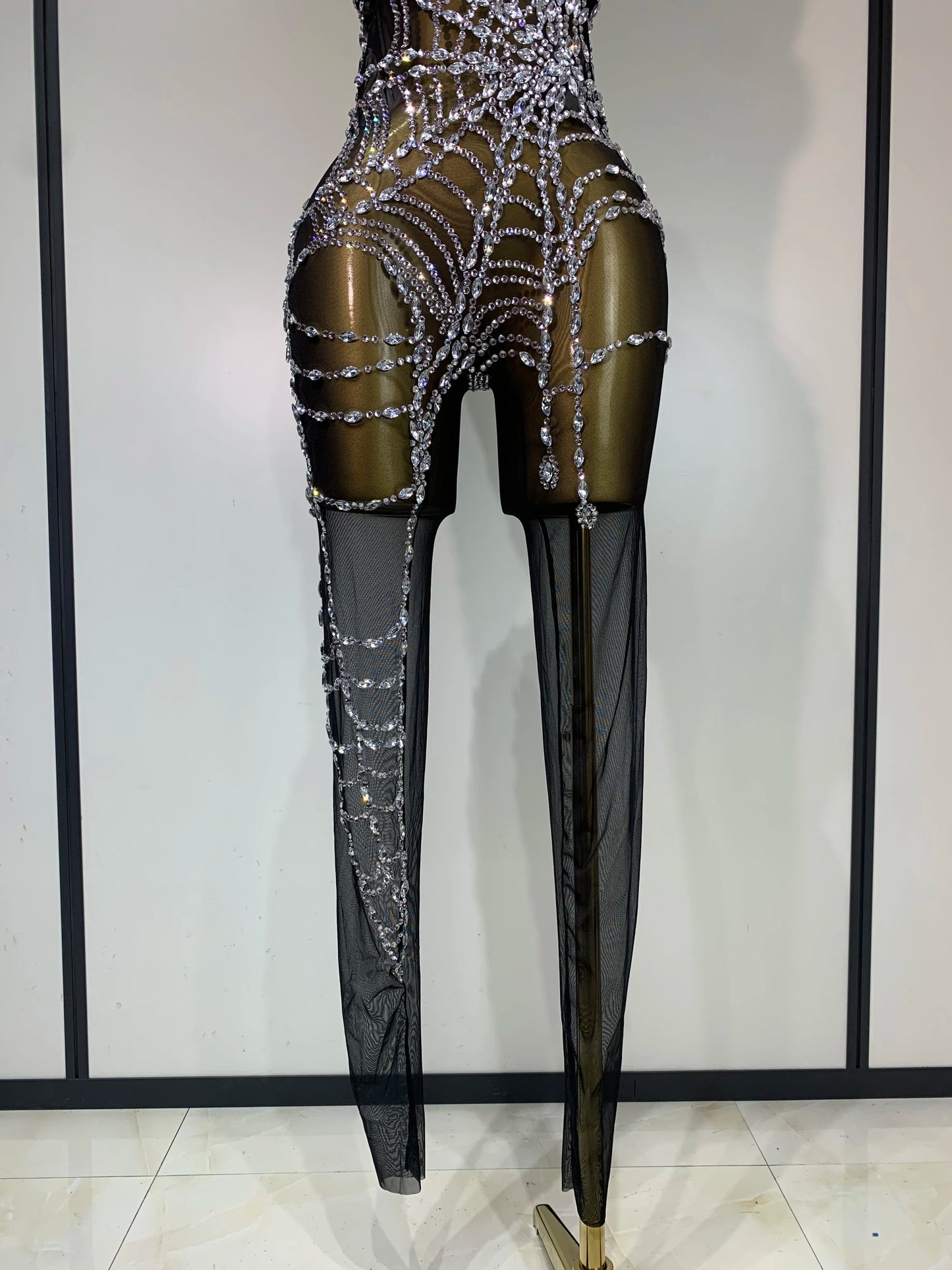 STOCK Sparkly Diamond Women Sexy Mesh Jumpsuit Nightclub Bar Party Show Gogo Dancer Clothing Drag Queen Outfit Stage Costume