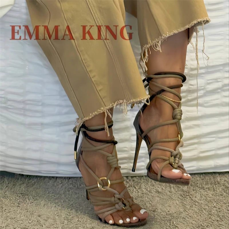 Open Toe Knotted Lace Up Braided Rope Wrap Stiletto Sandals for Women