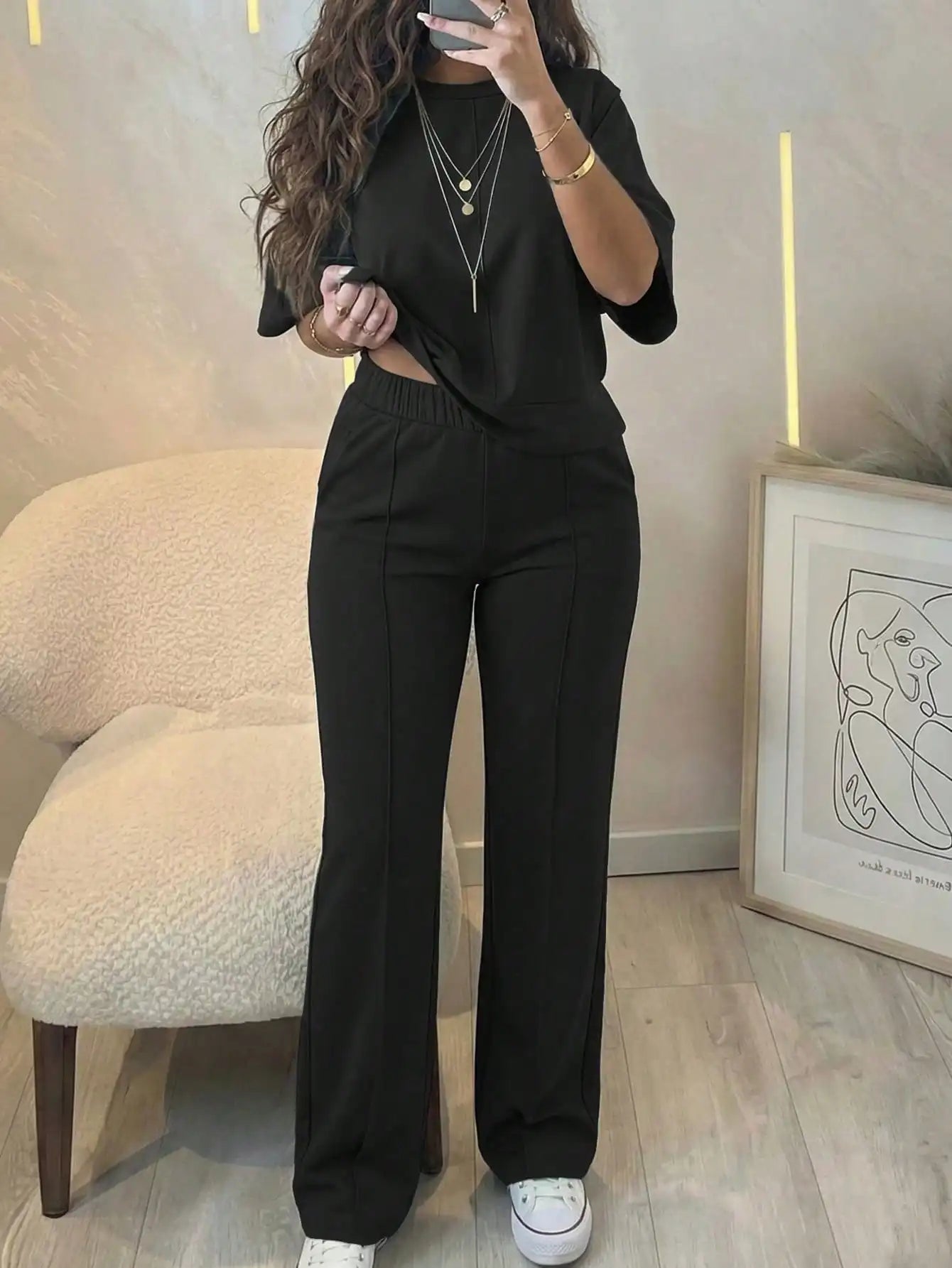 New Spring and Summer Ladies' Set: Comfortable Solid-Color Short-Sleeve Top with Elastic Waist Pocketed Long Pants Two-Piece Set, Soft Stretch Polyester-Acrylic Fabric