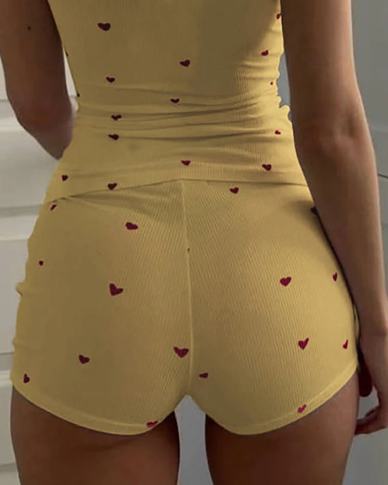 Summer Fashion Women 2 Pieces Pajamas Set Heart Pattern U Neck Sleeveless Tank Top and Casual Strechy Waist Shorts Set Sleepwear