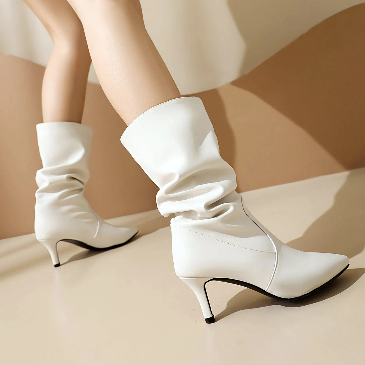 Metallic Pleated Pointed Toe Mid-Calf Stiletto Boots for Women