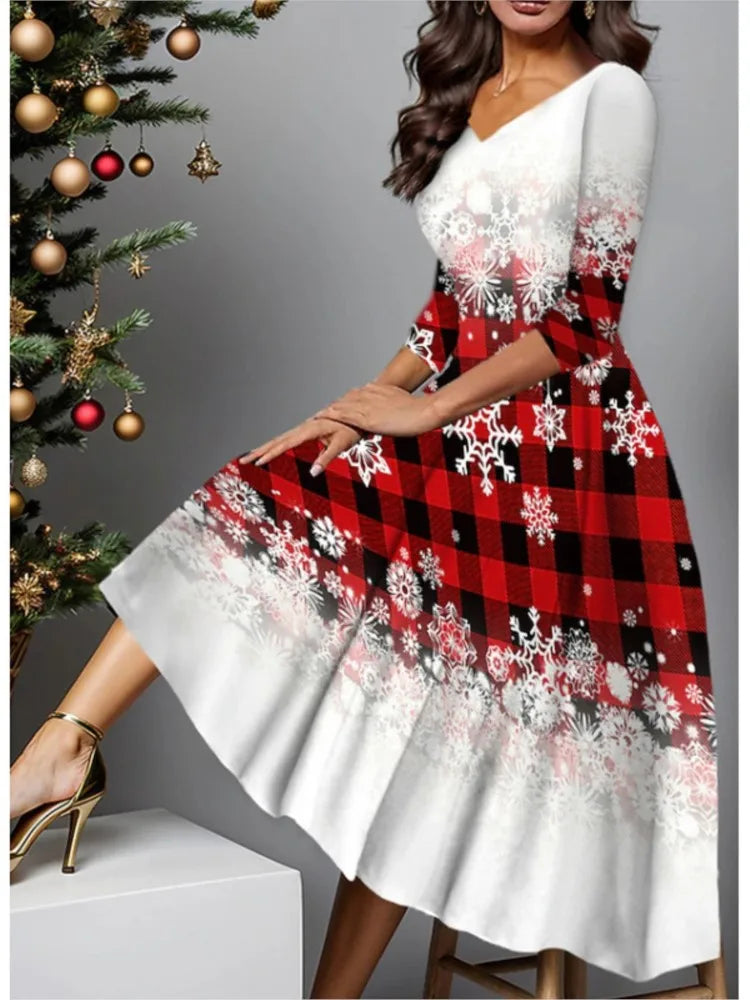 Autumn Snowflake Print V Neck Midi Swing Dress for Women