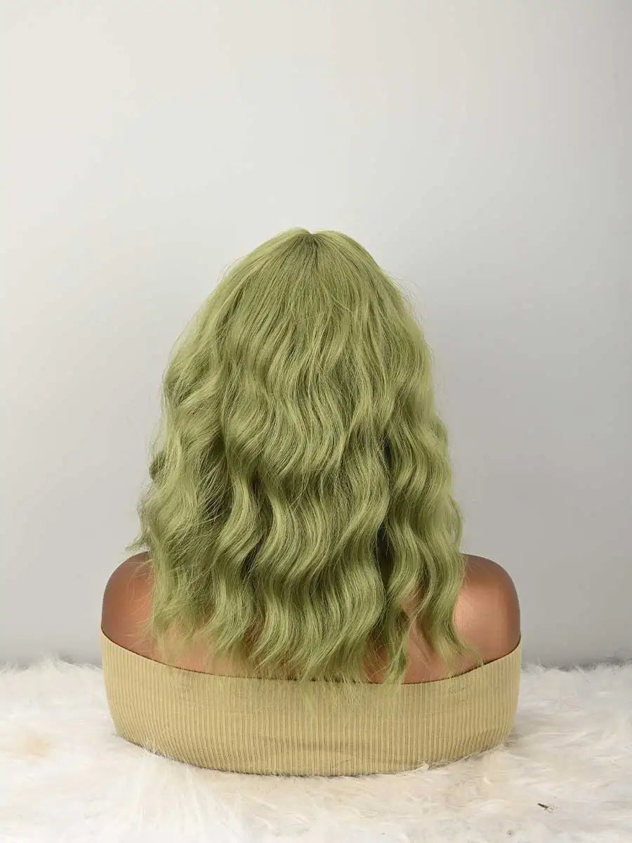 Natural Green Synthetic Wavy Bob Wig With Bangs For Women