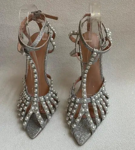 Silver Glitter Pearl Decor T Strap Sandals for Women