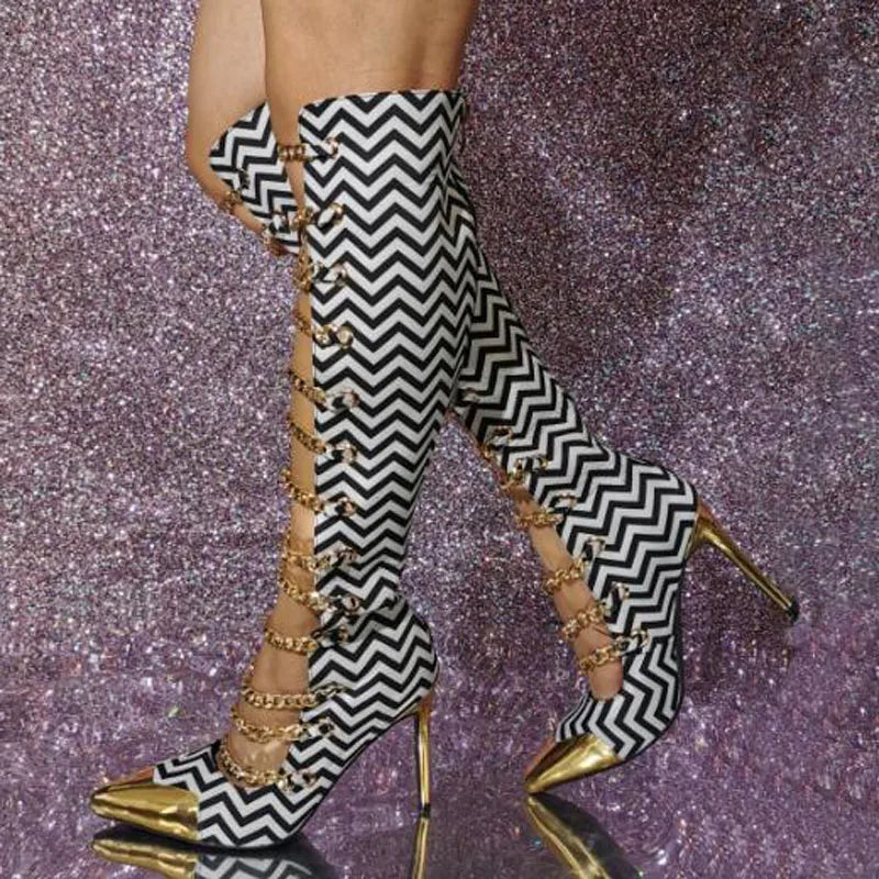 Zebra Print Pointed Toe Chain Strap Knee High Boots for Women