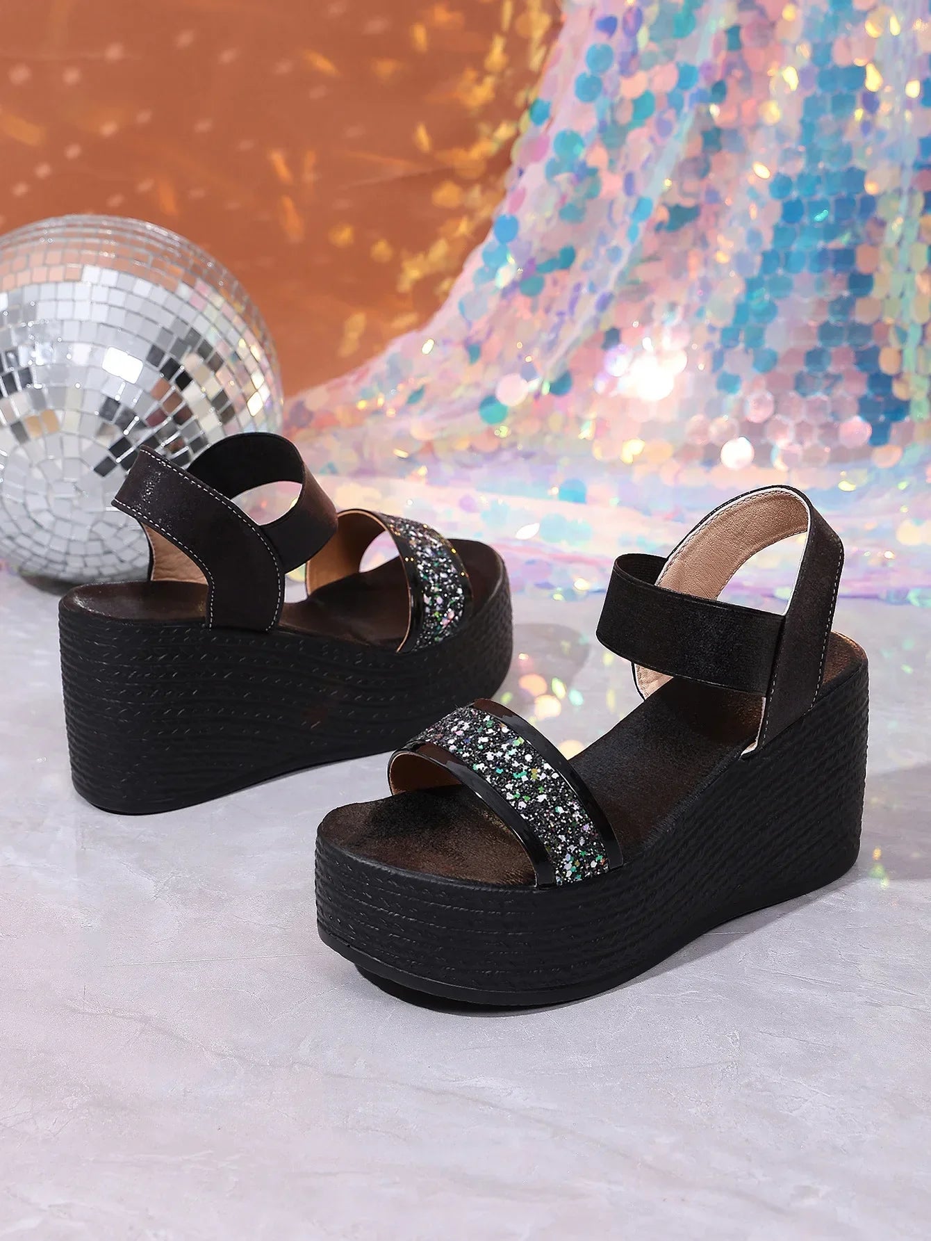 Gold Glitter Platform Wedge Sandals