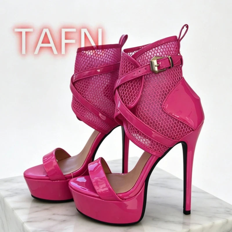 Peep Toe Mesh Caged Sandals With Patent Leather Platform Plus Size for Women