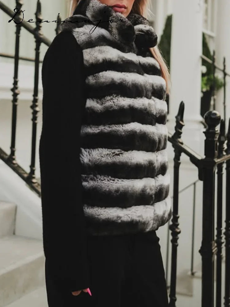 Faux Fur Patchwork Knit Coat With High Collar for Women