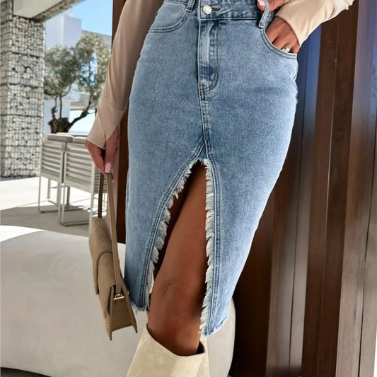Denim Package Hip Skirt Sexy Pencil Y2K Fresh Sweet Denim Skirts Women Slit Fashionable Casual Solid Color Jeans Skirts