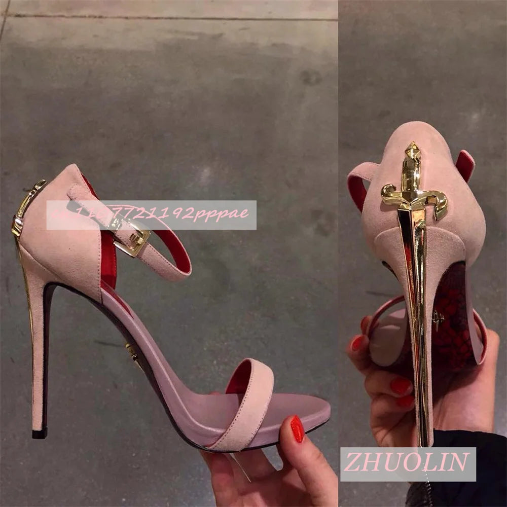 Blue Suede Metallic Sword-Shaped High Heels for Women
