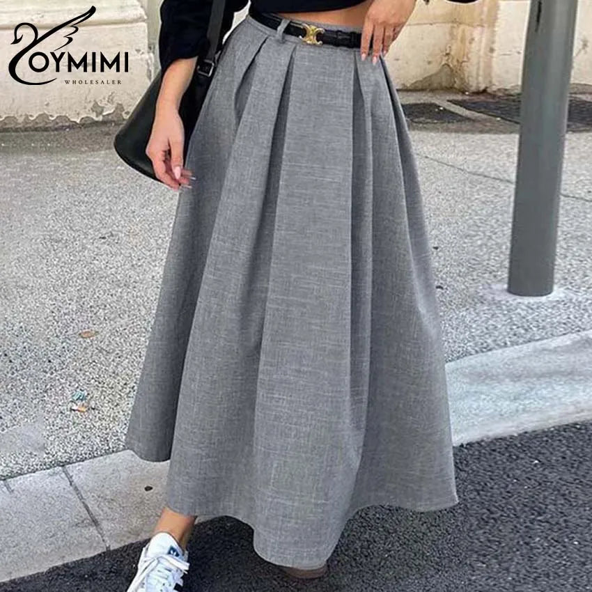 Oymimi Elegant Grey Loose Skirts For Women Casual High Waist Pleated Skirts Fashion New Solid Ankle-Length Skirts Streetwear