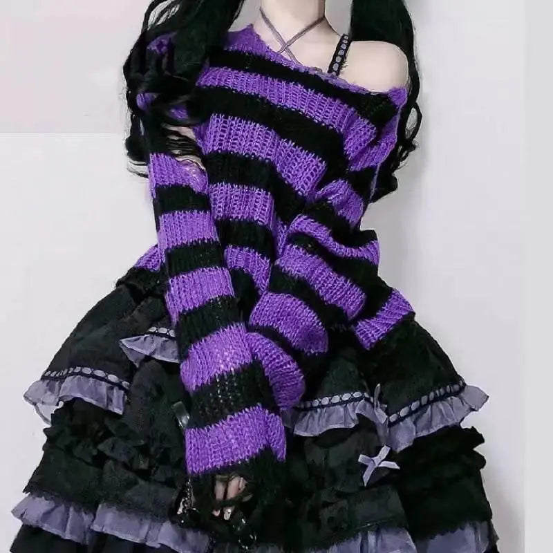 Karrram Pink Striped Gothic Sweaters Women Ripped Holes Loose Knitted Pullover Frayed Fairy Grunge Jumpers Emo Streetwear Lolita
