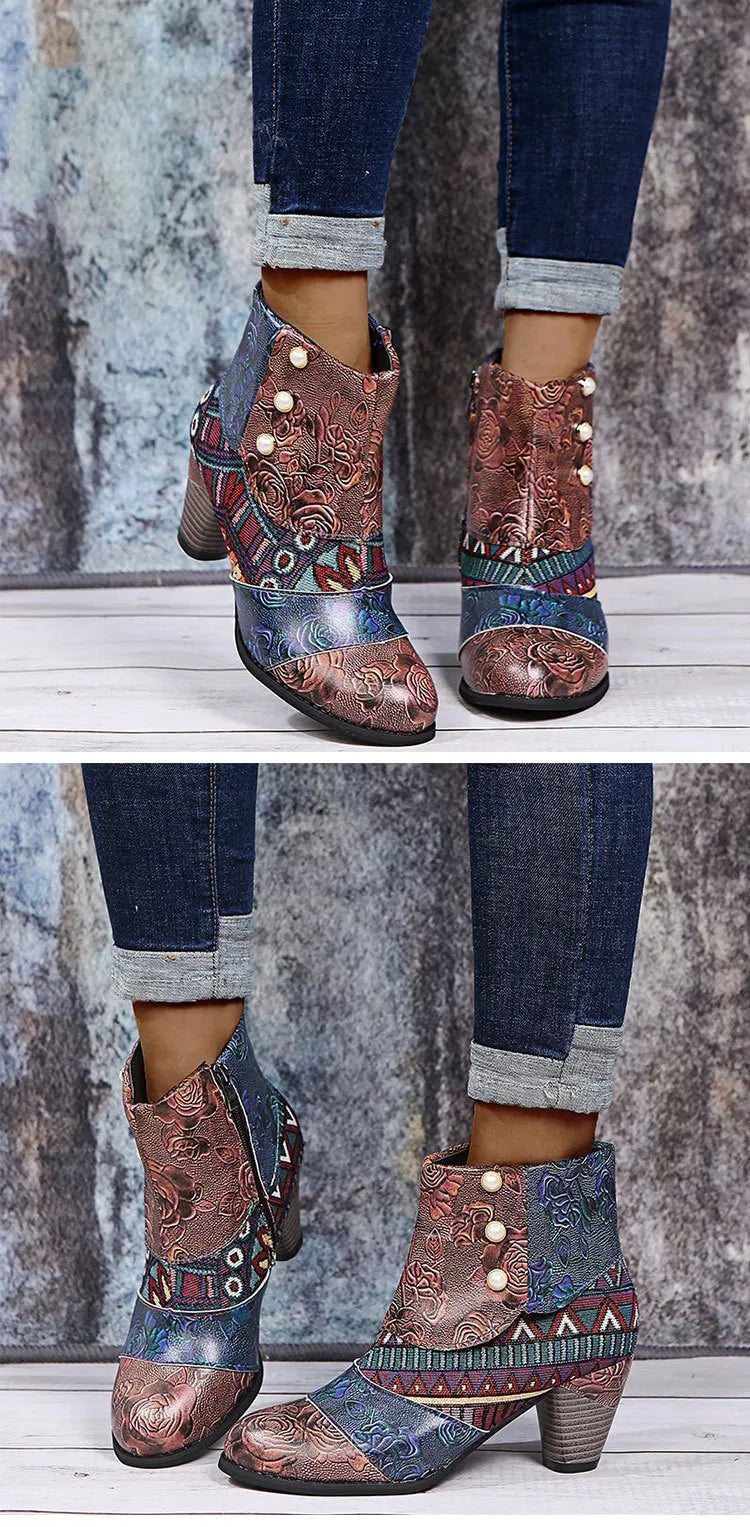 Vintage Printed Leather Zippered Ankle Boots for Women