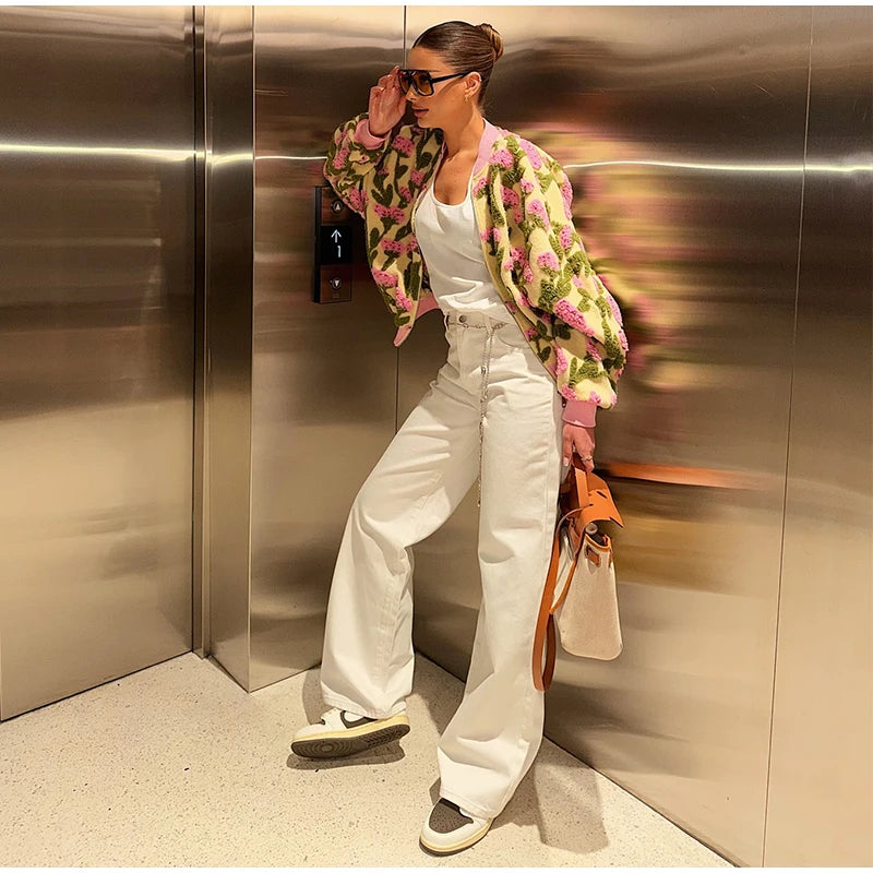 Casual Floral Print Bomber Jacket With Collar For Women