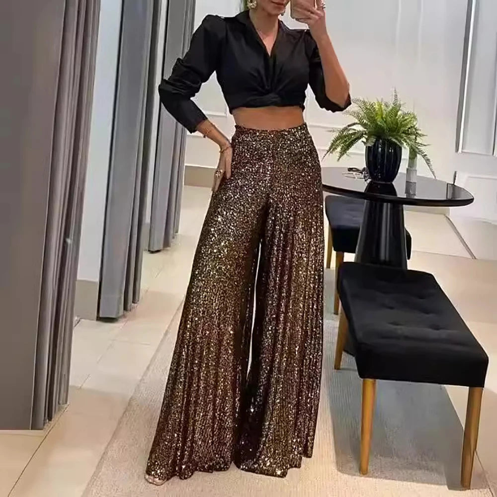 Elegant High Waisted Pleated Chiffon Wide Leg Pants for Women