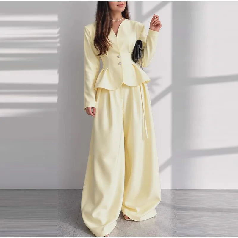 V-Neck Ruffle Coat and Wide Leg Pants Two-Piece Set for Women
