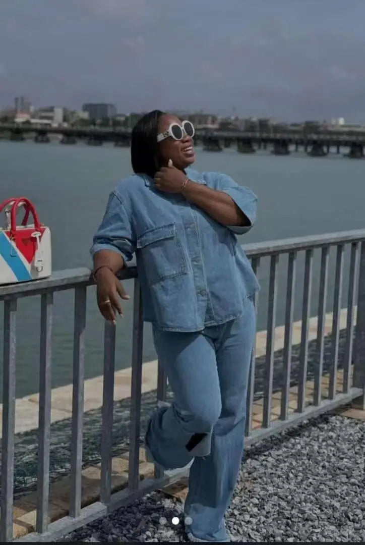 Denim Pant Set Women Two Piece Sets Turn Down Collar Matching Sets Single Breasted Shirt Tops Wide Leg Long Pants High Waist