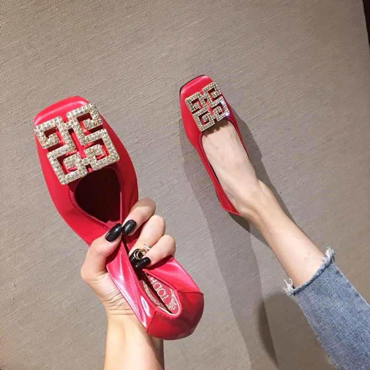 Rhinestone Buckle Square Toe Slip On Flats for Women