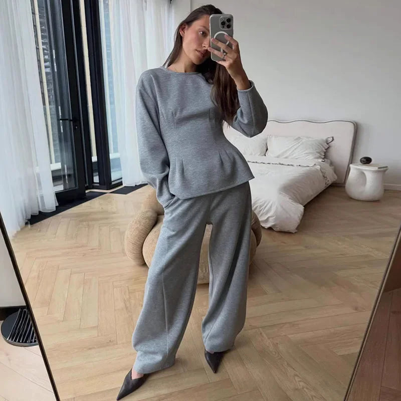 Spring Chic O-Neck Pleated Loose-Fit Two-Piece Set for Women