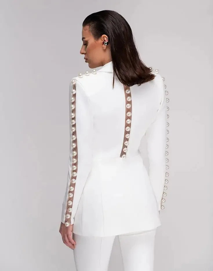 HIGH STREET Newest 2026 Designer Runway Suit Set Women's Pearls Beaded Gauze Patchwork Slim Fitting Blazer Pants Set