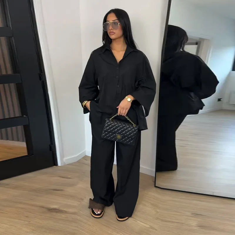 Casual Solid Shirt and Wide Leg Pants Set for Women