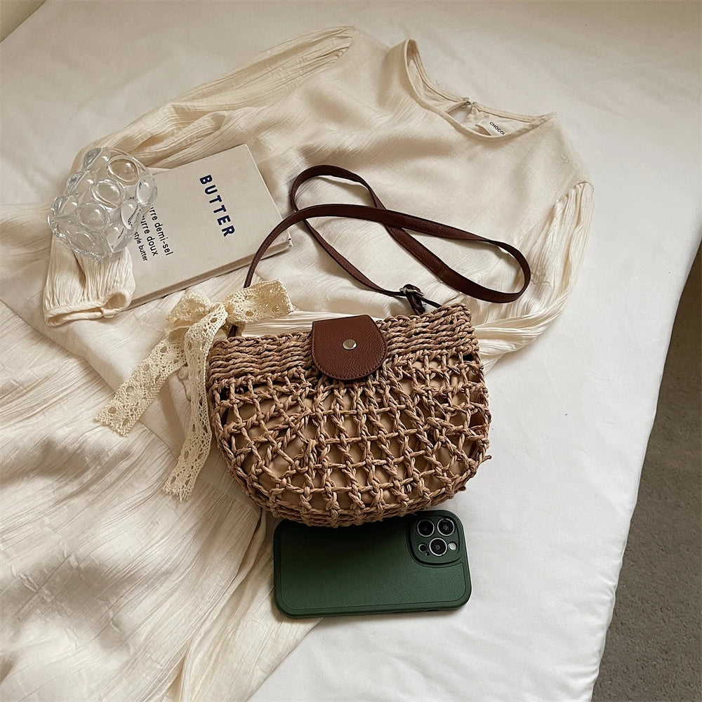 Straw Knitted Shoulder Bag With Bowknot Handmade for Women