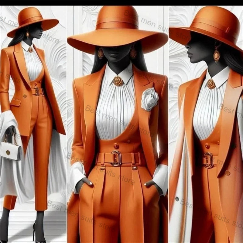 Elegant Orange Cotton Three Piece Suit Set for Women