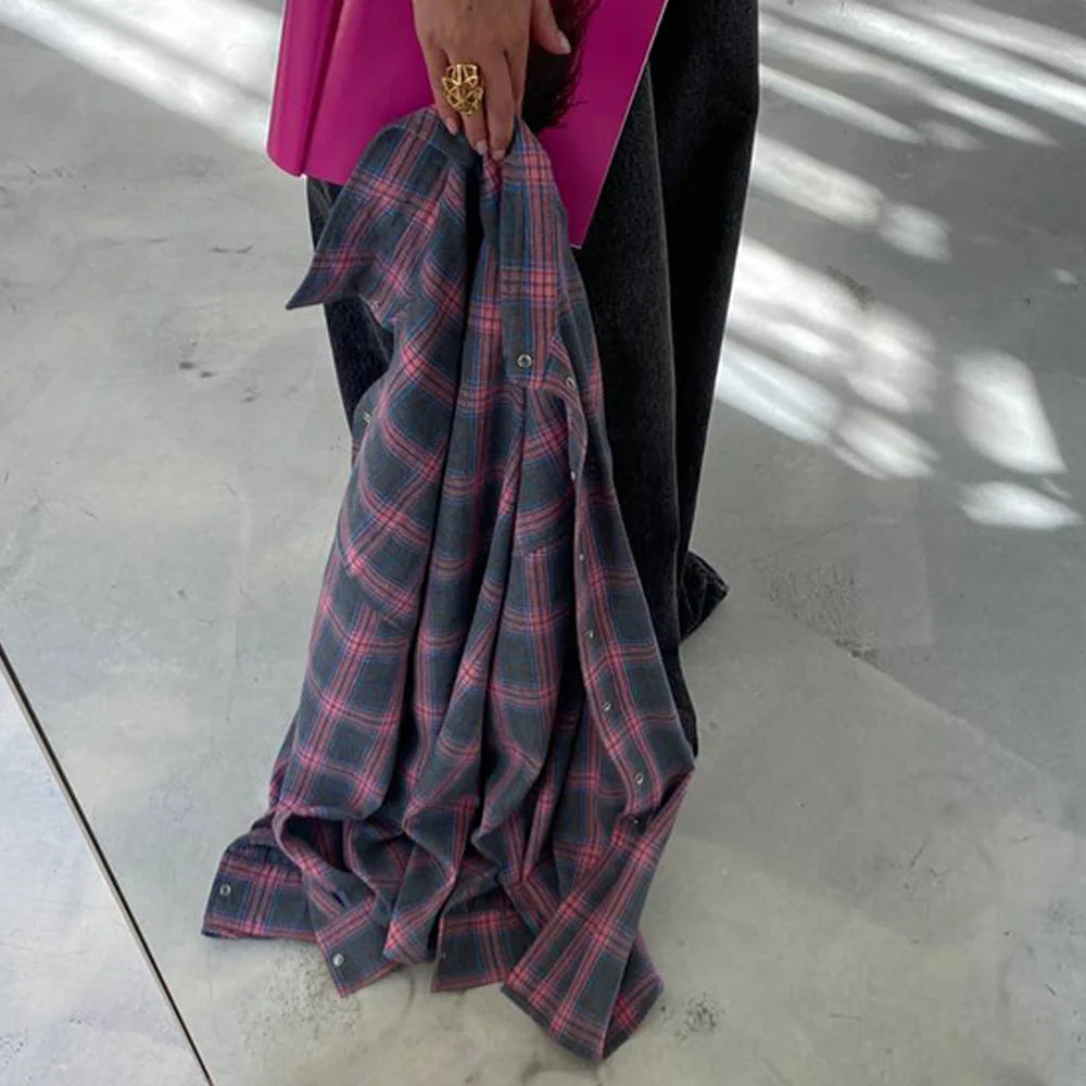 FSMG-Versatile Plaid Shirt For Women, Red Bright Grid, Oversized Blouse, Leisure And Fashionable Top, Spring And Autumn Seasons