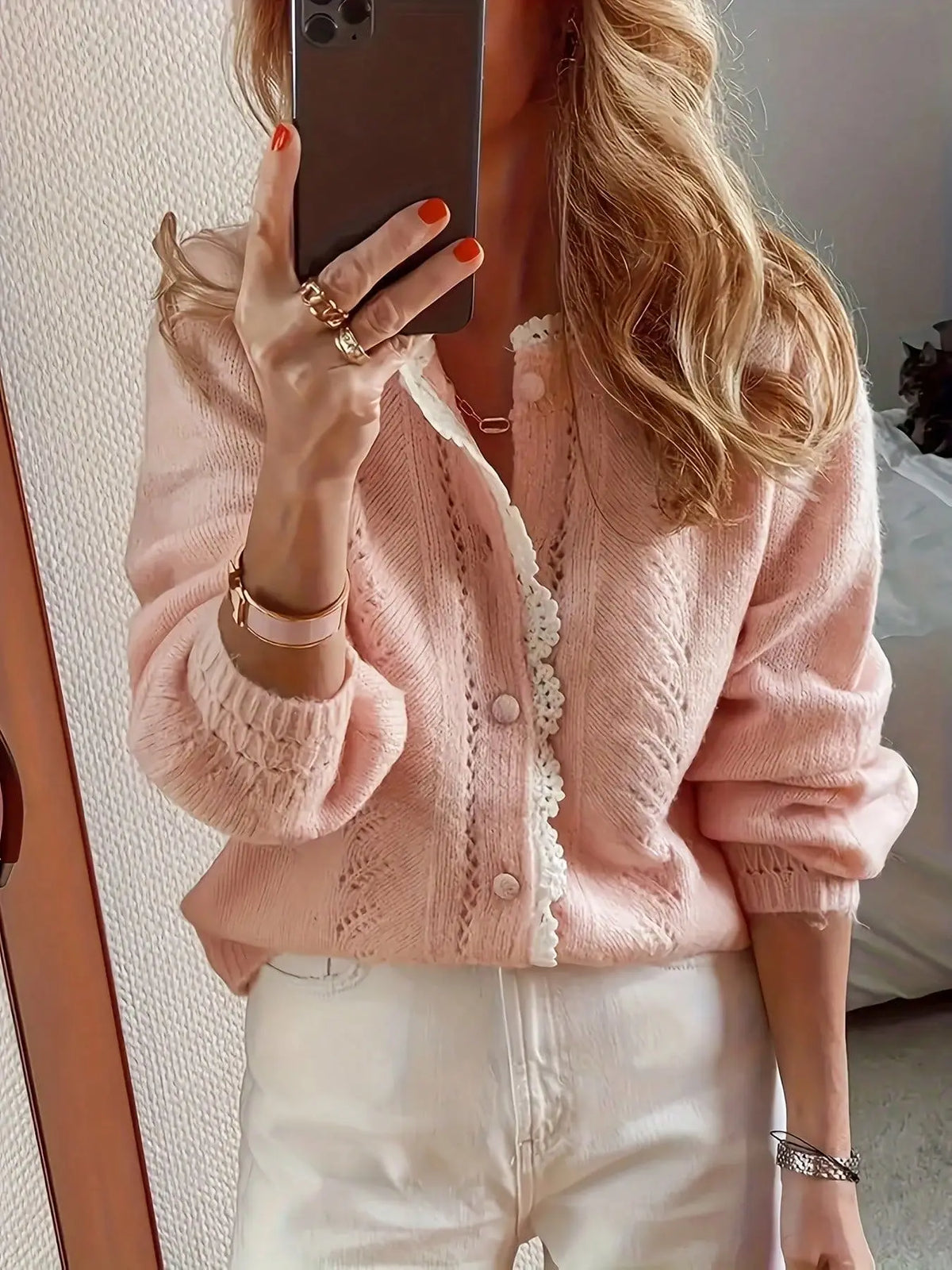 Loose Fit Hollow Out Knit Cardigan Sweater for Women
