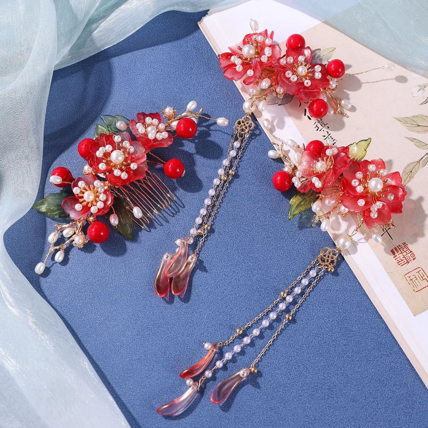Red Flower Tassels Hair Comb Set