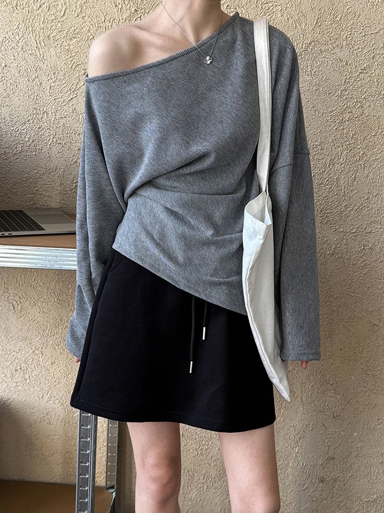 Black Pleated Asymmetrical Collar Sweatshirt for Women