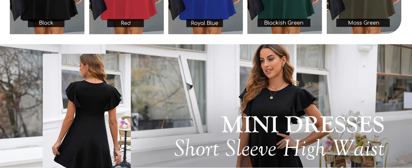 Summer 2025 Women's Dresses Elegant Vintage Ruffle Sleeve Flared A Line Swing Round-Neck Casual Party Cocktail Dress Women Cloth