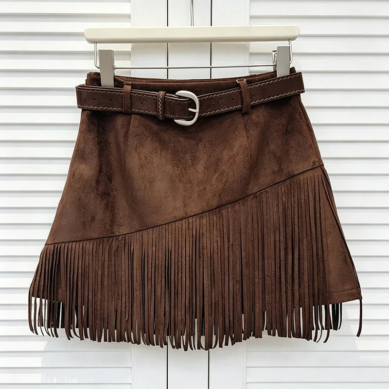 Vintage Brown Irregular Hem Faux Suede High Waist Mini Skirt For Women