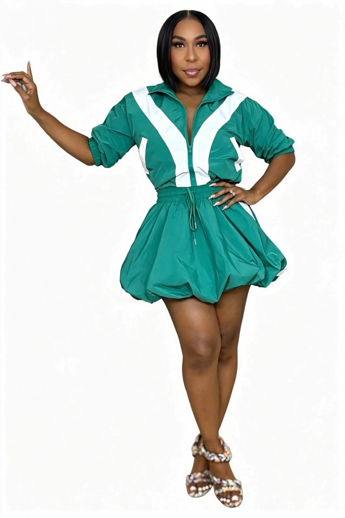 Short Sleeve Zipper Top and Mini Skirt Matching Set for Women