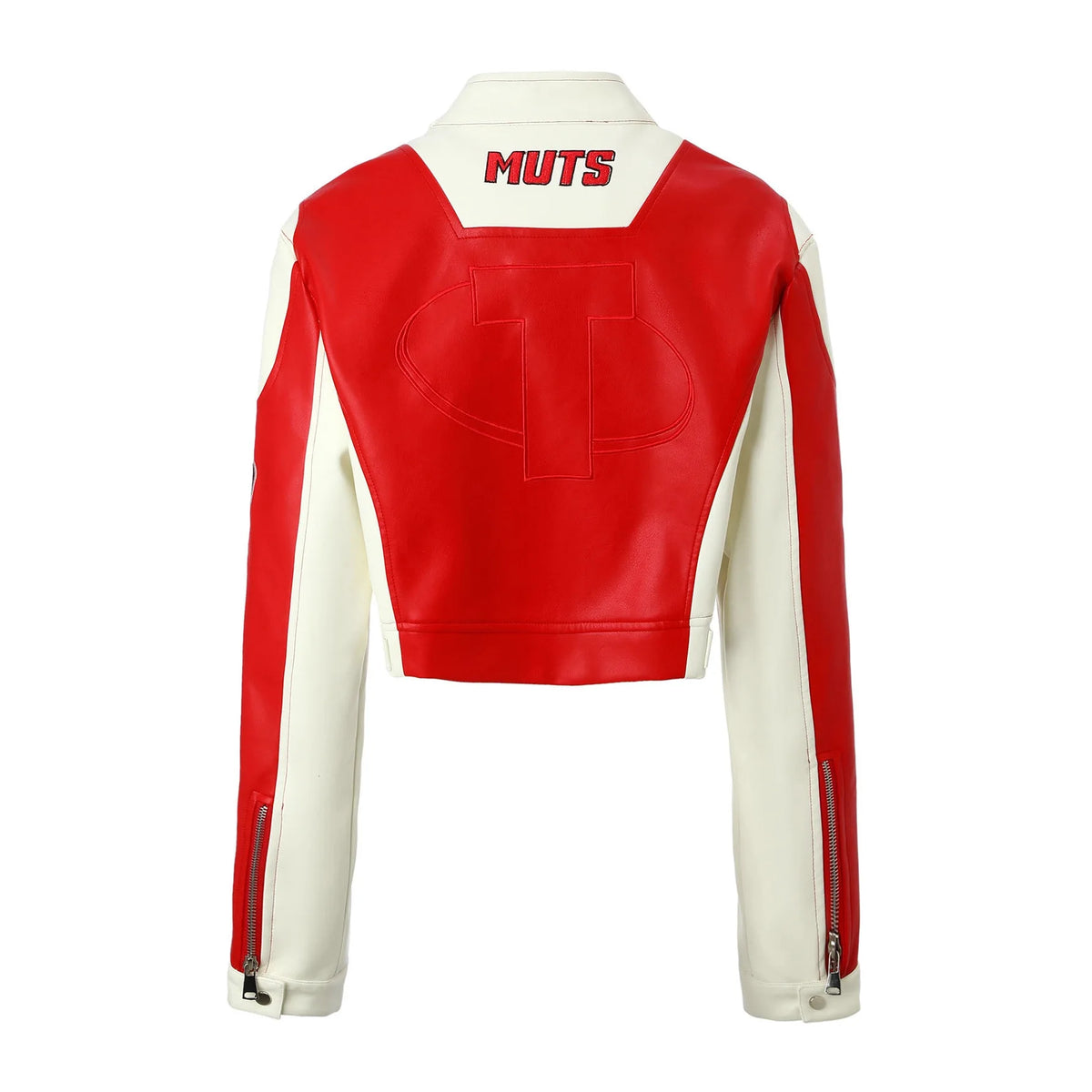 Contrasting Color Embroidered PU Leather Jacket for Women