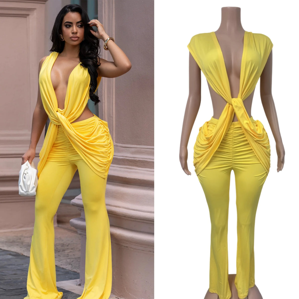 Halter Deep V Neck Ruched Flare Jumpsuit for Women