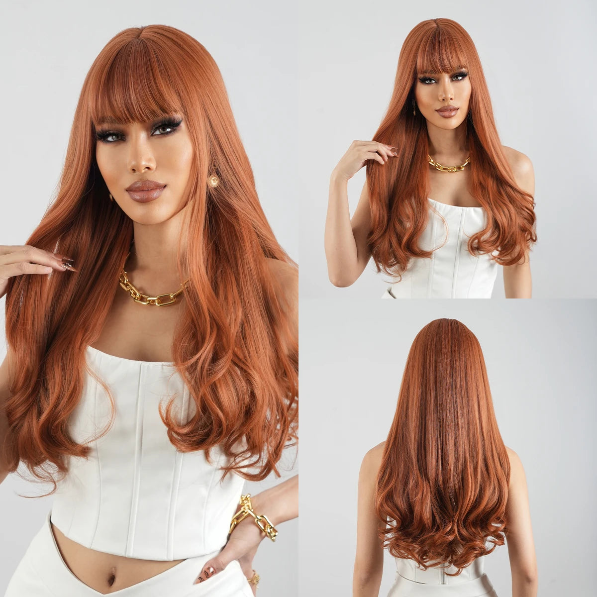 Blue Highlight Long Wavy Synthetic Wig With Bangs for Women