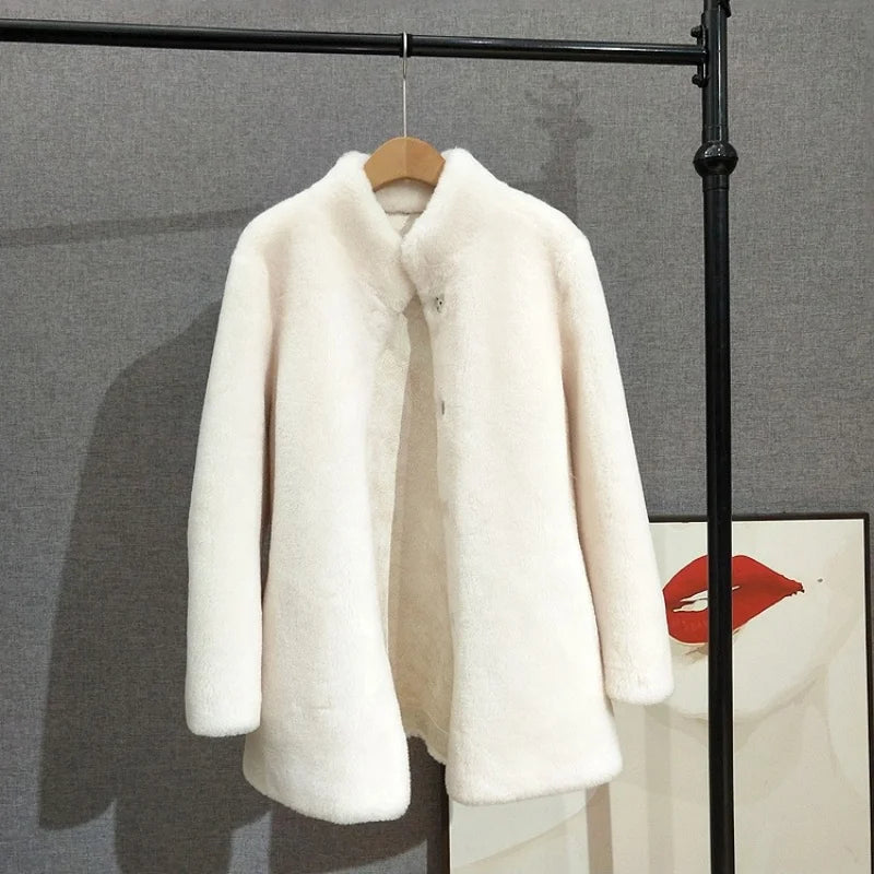 Mid Length Stand Collar Shearling Coat