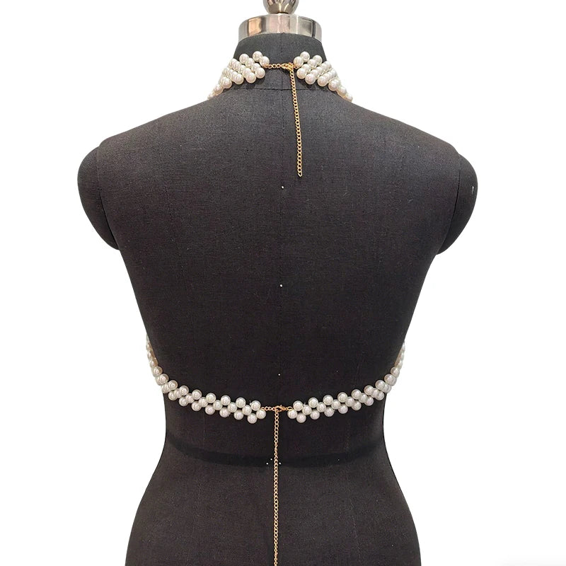 Multilayer White Pearl Bridal Halter Body Chain Jewelry For Women