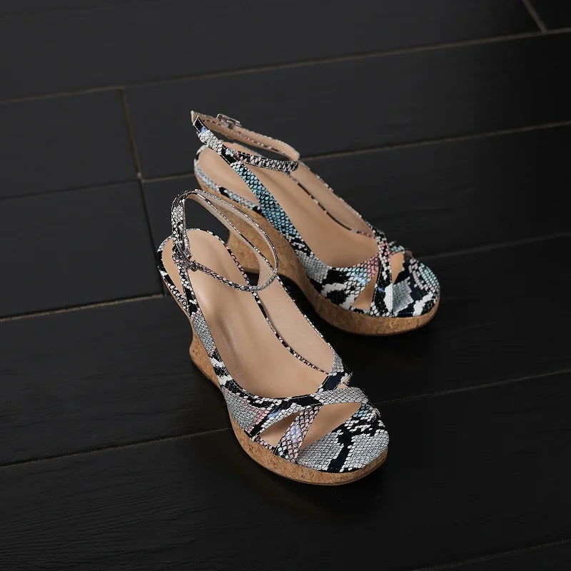 Snakegrain Textured Buckle Platform Wedge Sandals for Women