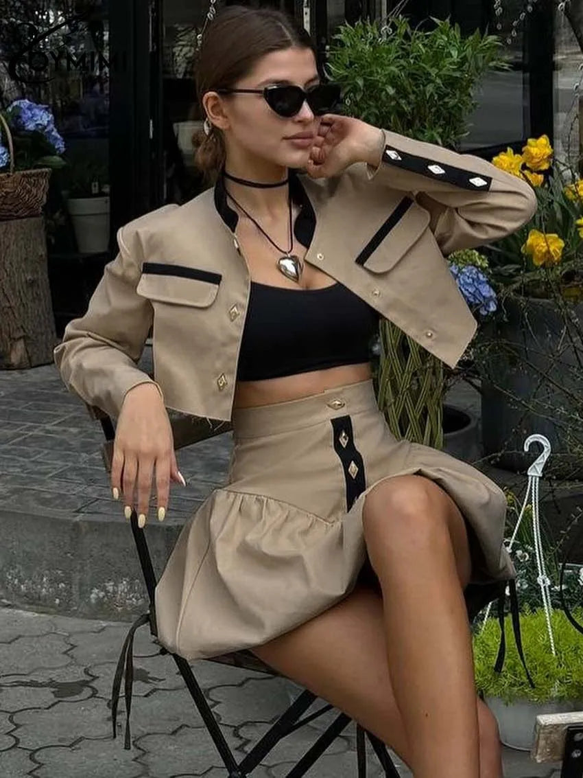 Oymimi Fashion Black Patchwork Two Piece Set For Women Casual Long Sleeve Button Pockets Crop Shirts + High Waist Mini Skirt Set