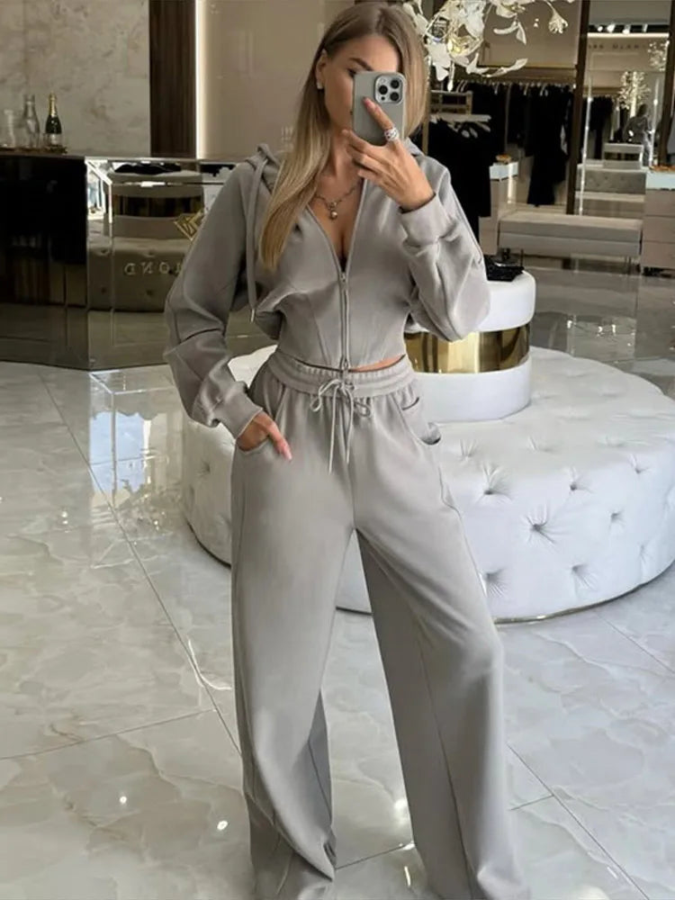 Zip Up Corset Hoodie And Wide Leg Sweatpants Two Piece Set For Women