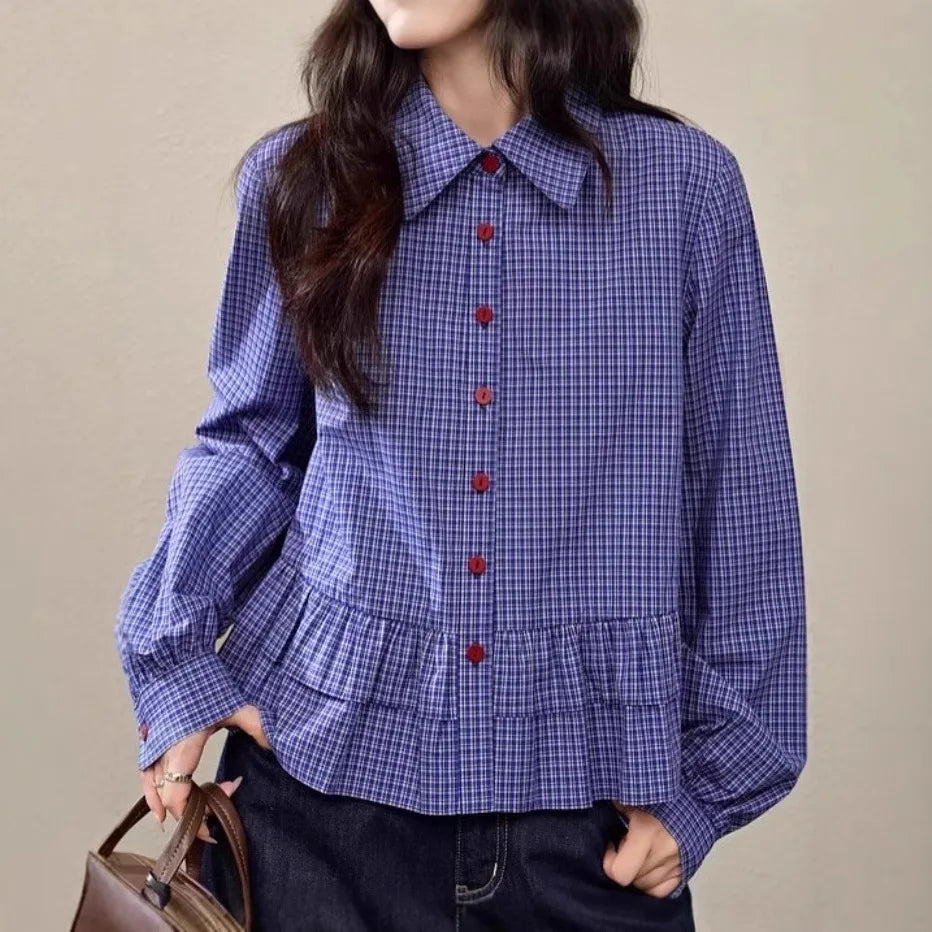 Blue Checkered Ruffle Trim Blouse With Turn Down Collar for Women