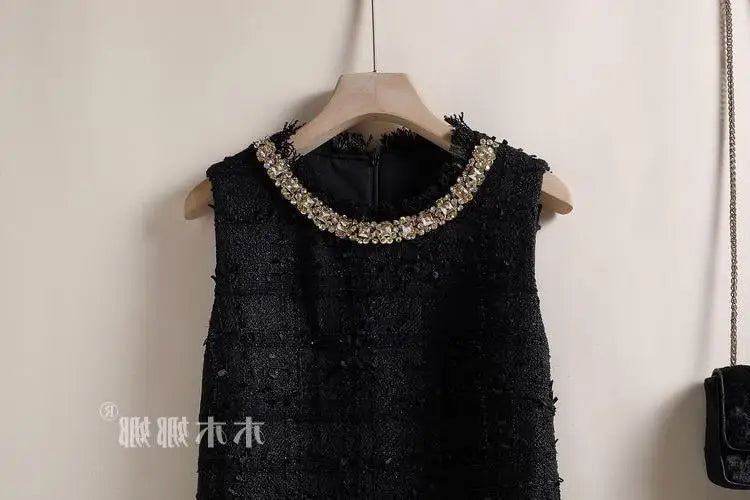 Elegant Tweed Beaded Pocket A-Line Dress for Women