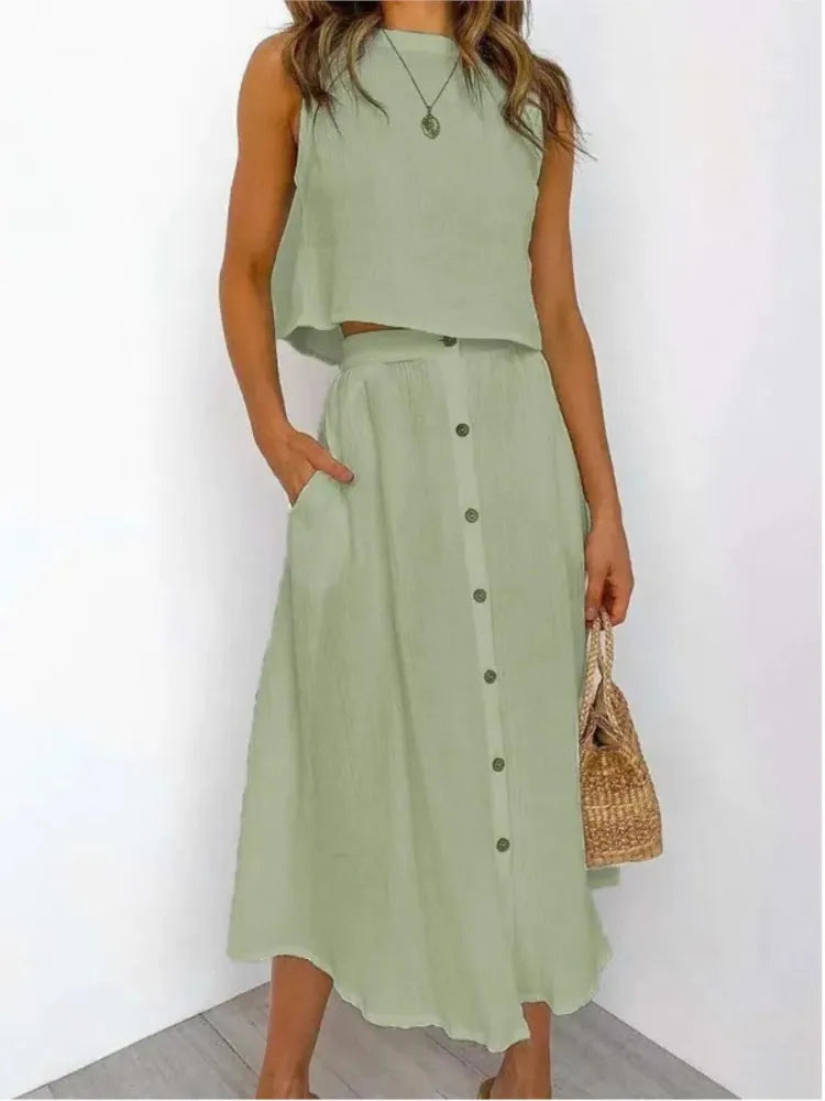 Double Layer Casual Elegant O Neck Vest And Skirt Set for Women