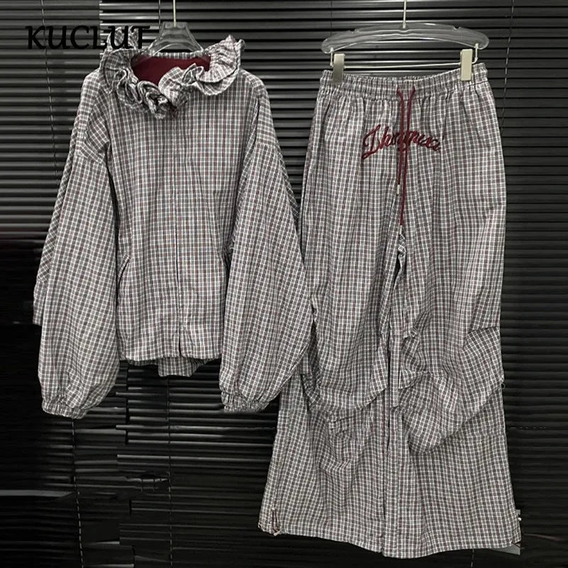 KUCLUT 2025 Autumn New Fashion Ruffle Plaid Batwing Sleeve Zipper Loose Jacket For Casual Elastic Waist Wide-Leg Pants 1A621
