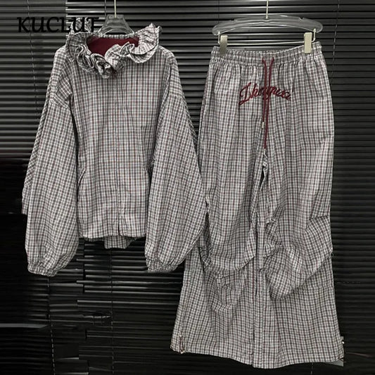 KUCLUT 2025 Autumn New Fashion Ruffle Plaid Batwing Sleeve Zipper Loose Jacket For Casual Elastic Waist Wide-Leg Pants 1A621