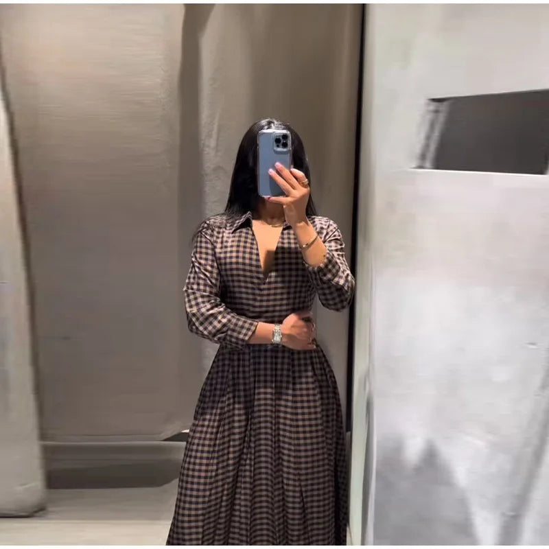 Elegant Plaid Women's Long Dresses Loose Tie Up Bow Laple Full Sleeve A-line Dress For Woman 2026 Spring New Lady Party Robes