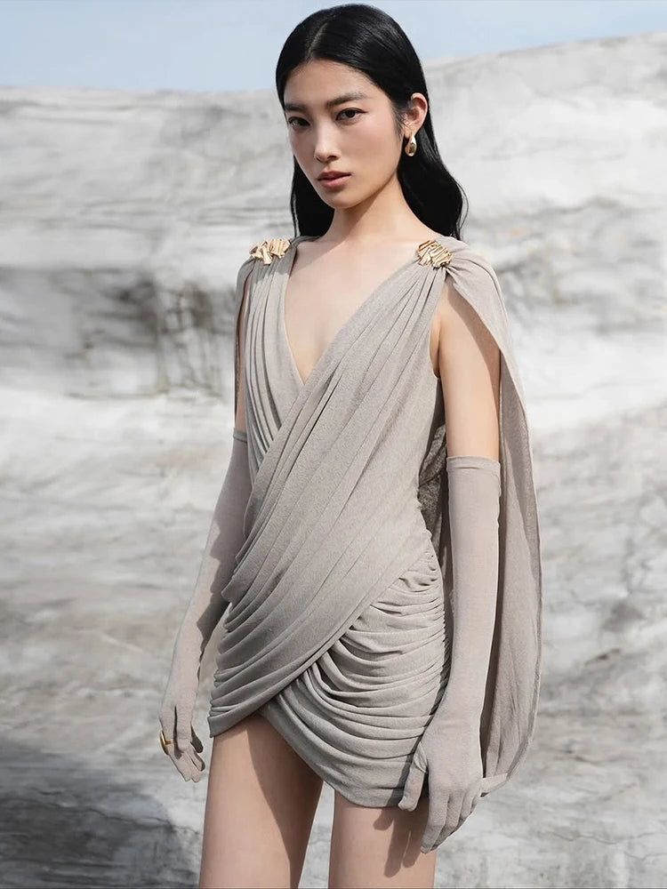 Ruched Elegant Mini Dress with Sleeve Cover for Women